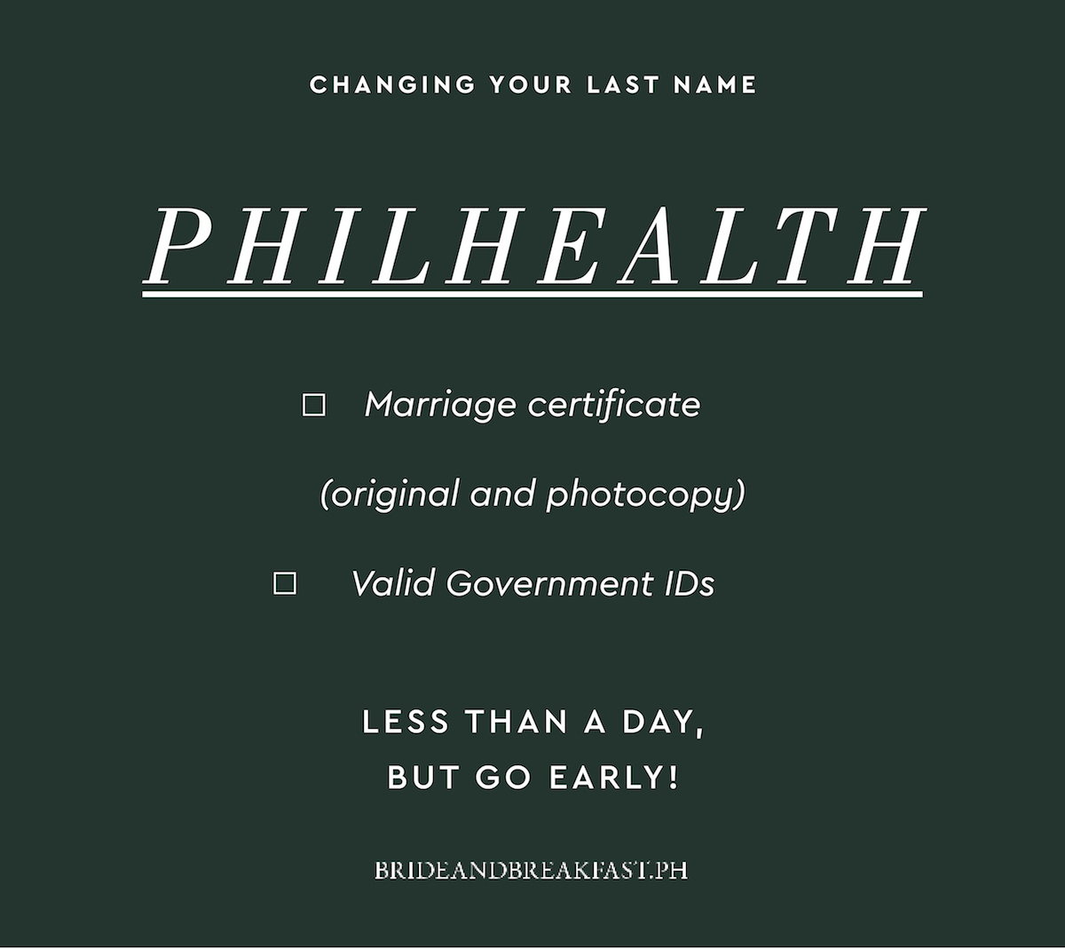 5. PhilHealth Marriage certificate (original and photocopy) Valid Government IDs Less than a day, but go early