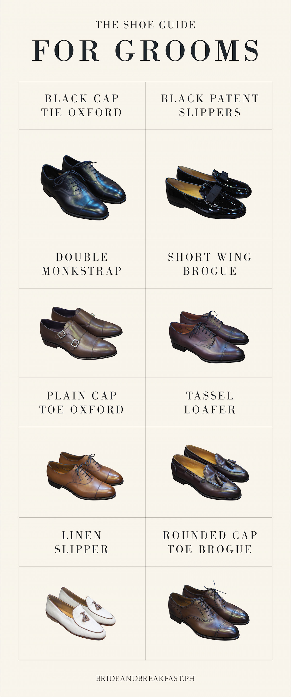 The Shoe Guide For Grooms Black Cap Tie Oxford Black Patent Slippers Double Monkstrap Short Wing Brogue Plain Cap Toe Oxford Tassel Loafer Linen Slipper Rounded Cap Toe Brogue
