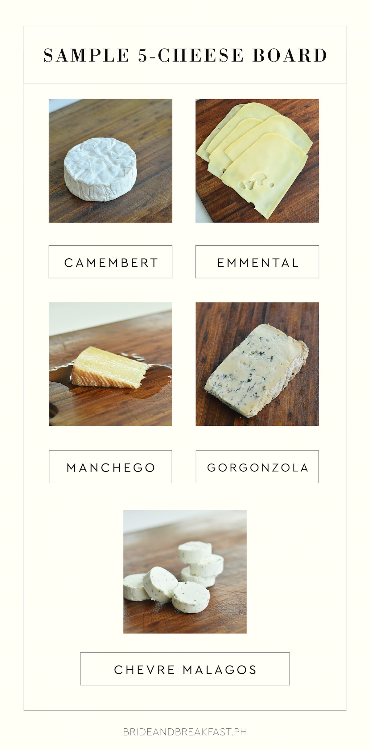 Sample 5-Cheese Board Camembert Emmental Manchego Gorgonzola Chevre Malagos