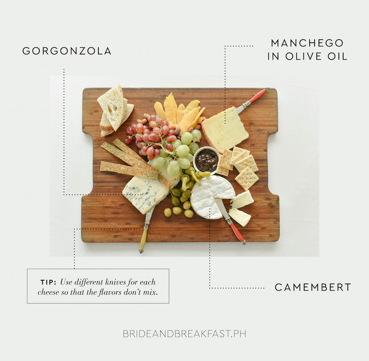 Gorgonzola Manchego in Olive Oil Camembert Tip: Use different knives for each cheese so that the flavors don't mix.