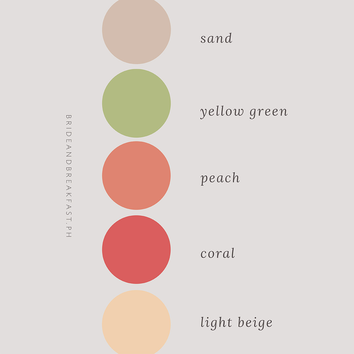 Sand, yellow green, peach, coral, light beige
