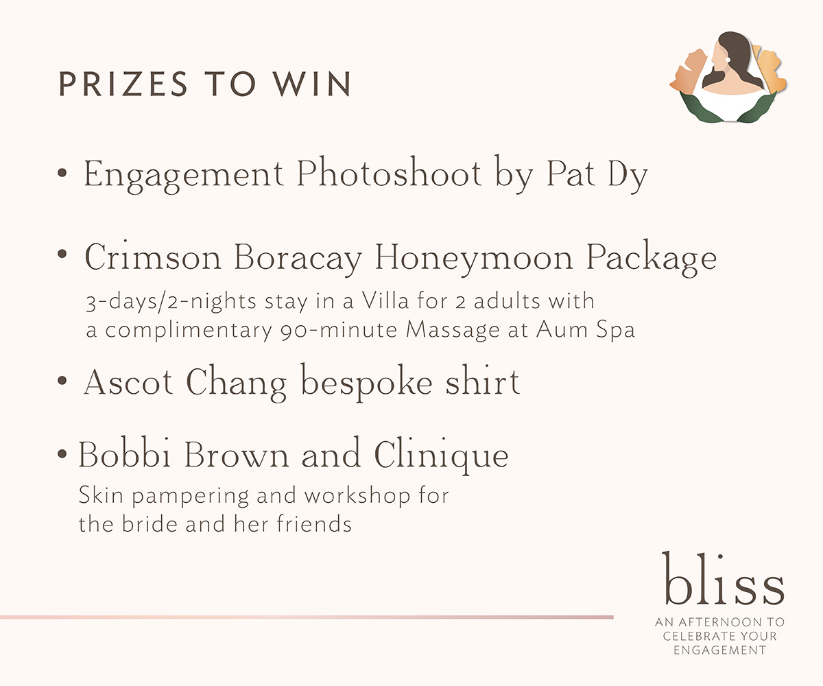 Prizes to Win. Engagement Photoshoot by Pat Dy, Crimson Boracay Honeymoon Package (3-days/2-nights stay in a villa for 2 adults with a complimentaru 90-minute massage at Aum Spa), Free Ascot Chang Bespoke Shirt