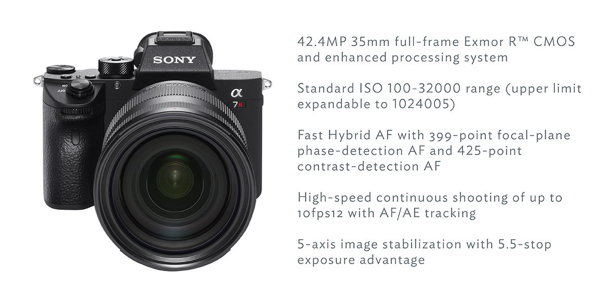 42.4MP 35mm full-frame Exmor R™ CMOS and enhanced processing system Standard ISO 100-32000 range (upper limit expandable to 1024005) Fast Hybrid AF with 399-point focal-plane phase-detection AF and 425-point contrast-detection AF High-speed continuous shooting of up to 10fps12 with AF/AE tracking 5-axis image stabilization with 5.5-stop exposure advantage