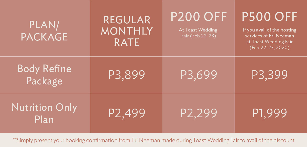 Body Refine Package: P3,899, P3,699, P3,399; Nutrition Only Plan: P2,499, P2,299, P1,999 *simply present your booking confirmation from Eri Neeman made during Toast Wedding Fair to avail of the discount