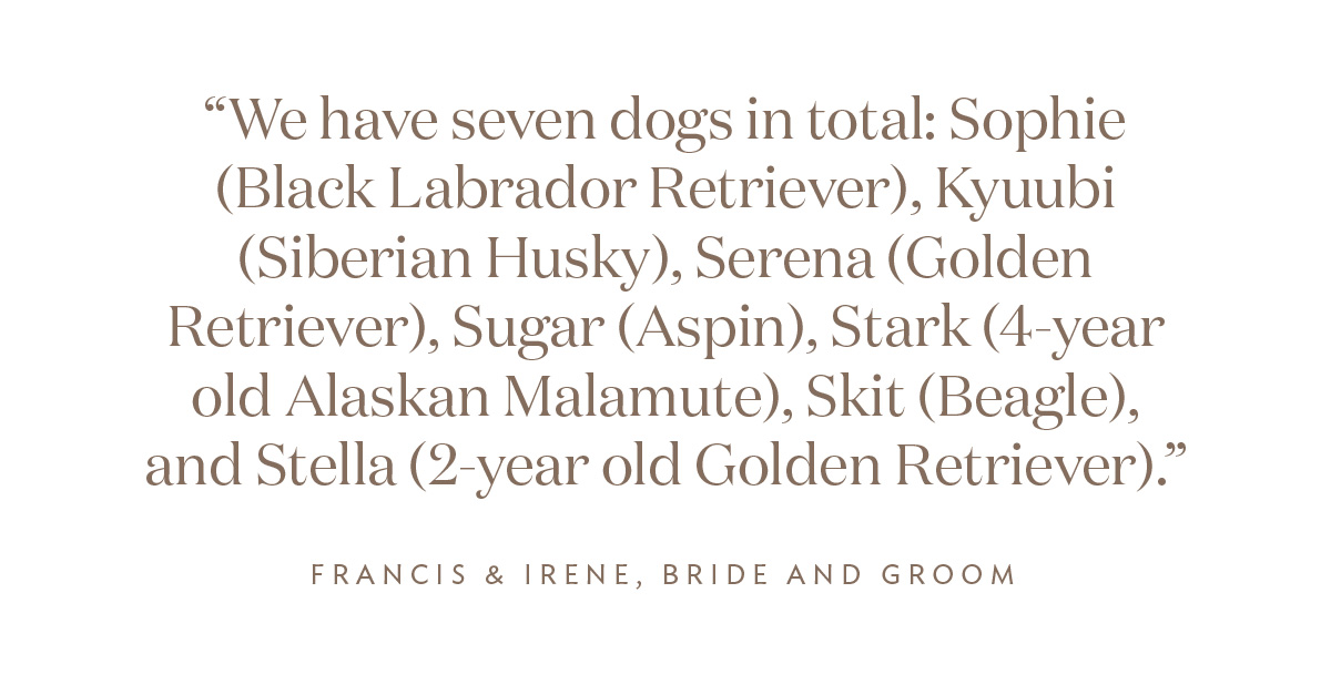 We have seven dogs in total: Sophie (Black Labrador Retriever), Kyuubi (Siberian Husky), Serena (Golden Retriever), Sugar (Aspin), Stark (4-year old Alaskan Malamute), Skit (Beagle) and Stella (2-year old Golden Retriever)" Irene and Francis, Bride and Groom