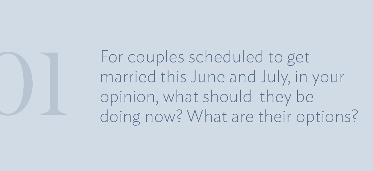 Question #1: For couples scheduled to get married this June and July, in your opinion, what should they be doing now? What are their options?