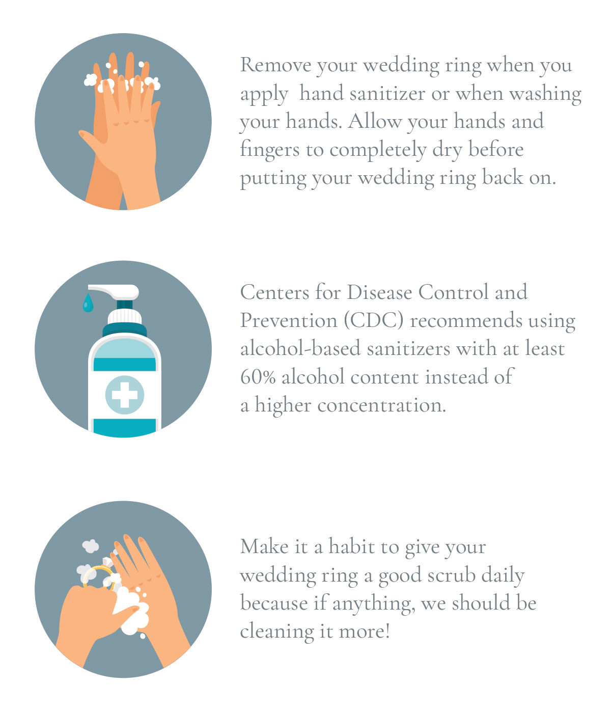 Remove your wedding ring when you apply hand sanitizer or when washing your hands. Allow your hands and fingers to completely dry before putting your wedding ring back on Centers for Disease Control and Prevention (CDC) recommends using alcohol-based sanitizers with at least 60% alcohol content instead of a higher concentration. Make it a habit to give your wedding ring a good scrub daily because if anything, we should be cleaning it more!