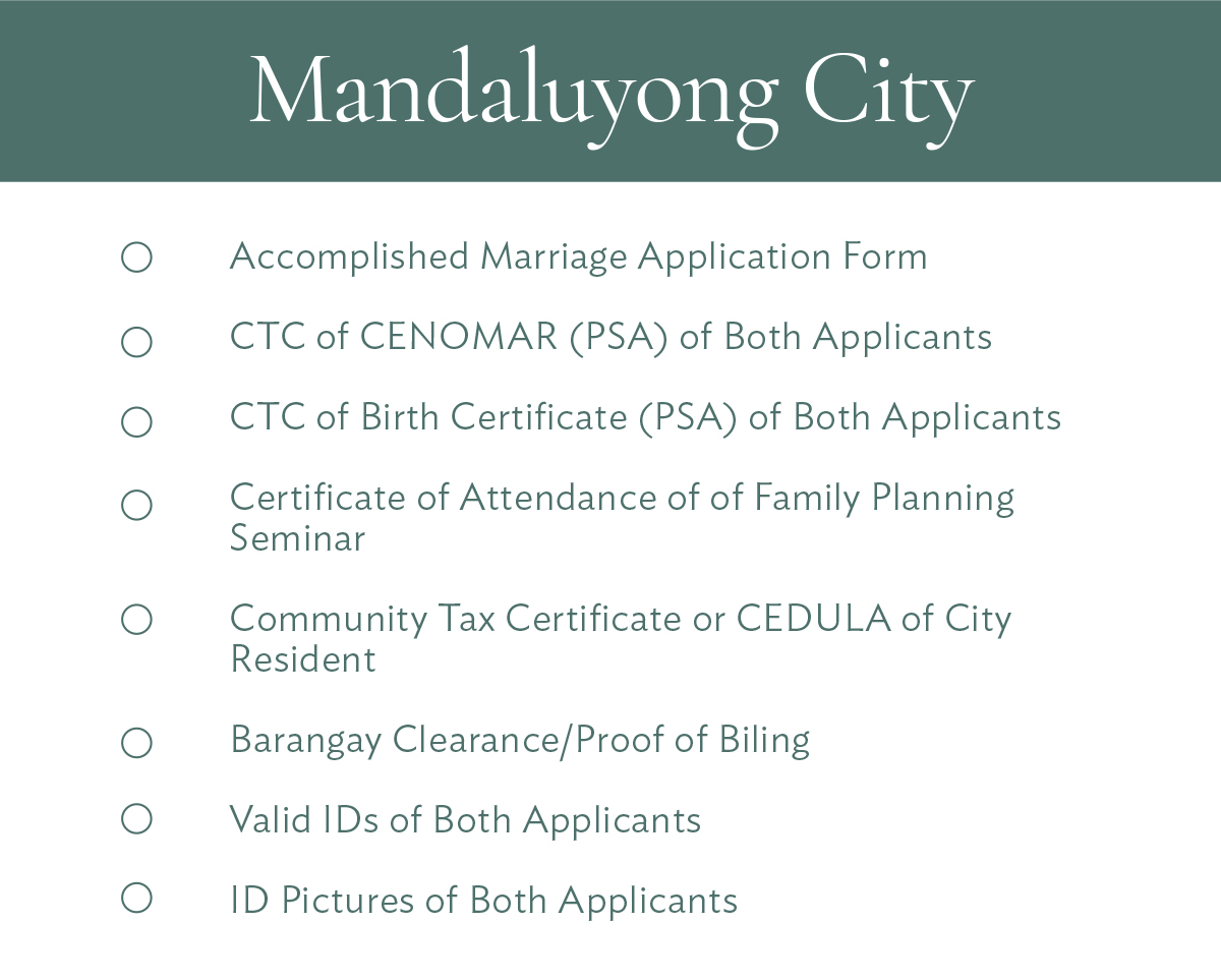 Mandaluyong City Accomplished Marriage Application Form CTC of CENOMAR (PSA) of Both Applicants CTC of Birth Certificate (PSA) of Both Applicants Certificate of Attendance of of Family Planning Seminar Community Tax Certificate or CEDULA of City Resident Barangay Clearance/Proof of Biling Valid IDs of Both Applicants ID Pictures of Both Applicants