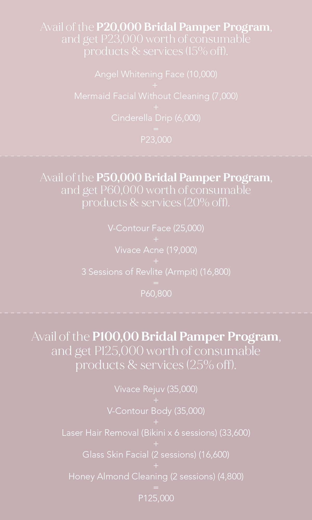 Avail of the P20,000 Bridal Pamper Program, and get P23,000 worth of consumable products & services (15% off). Angel Whitening Face (10,000) + Mermaid Facial Without Cleaning (7,000) + Cinderella Drip (6,000) = P23,000 Avail of the P50,000 Bridal Pamper Program, and get P60,000 worth of consumable products & services (20% off). V-Contour Face (25,000) + Vivace Acne (19,000) + 3 Sessions of Revlite (Armpit) (16,800) = P60,800 Avail of the P100,000 Bridal Pamper Program, and get P125,000 worth of consumable products & services (25% off). Vivace Rejuv (35,000) + V-Contour Body (35,000) + Laser Hair Removal (Bikini x 6 sessions) (33,600) + Glass Skin Facial (2 sessions) (16,600) + Honey Almond Cleaning (2 sessions) (4,800) = P125,000