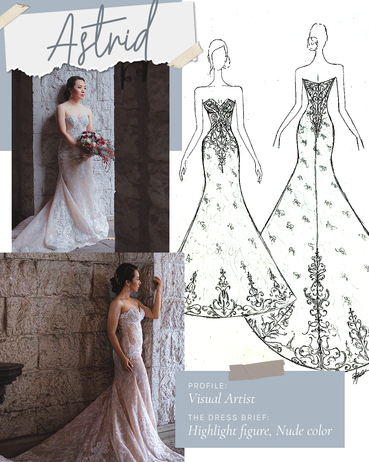 Bride: Astrid Profile: Visual Artist The Dress Brief: Highlight figure, nude color