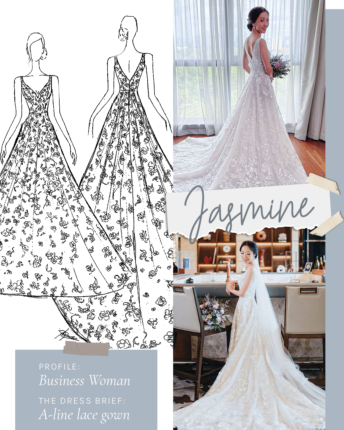 Bride: Jasmine  Profile: Business Woman The Dress Brief: A-line lace gown