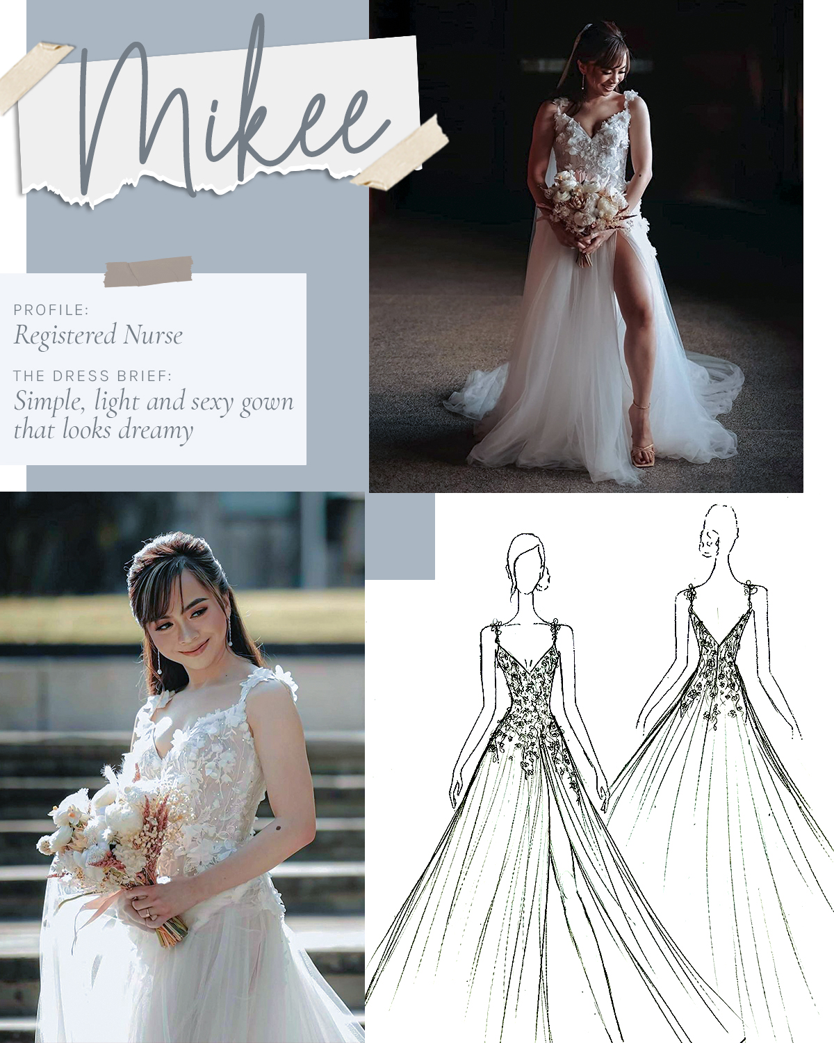 Bride: Mikee  Profile: Registered Nurse The Dress Brief: Simple, light and sexy gown that looks dreamy