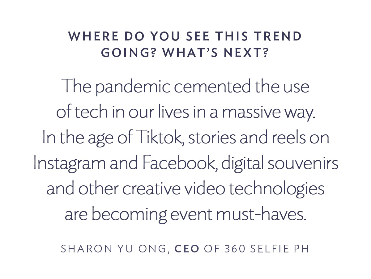 Where do you see this trend going? What's next? The pandemic cemented the use of tech in our lives in a massive way. In the age of Tiktok, stories and reels on Instagram and Facebook, digital souvenirs and other creative video technologies are becoming event must-haves.