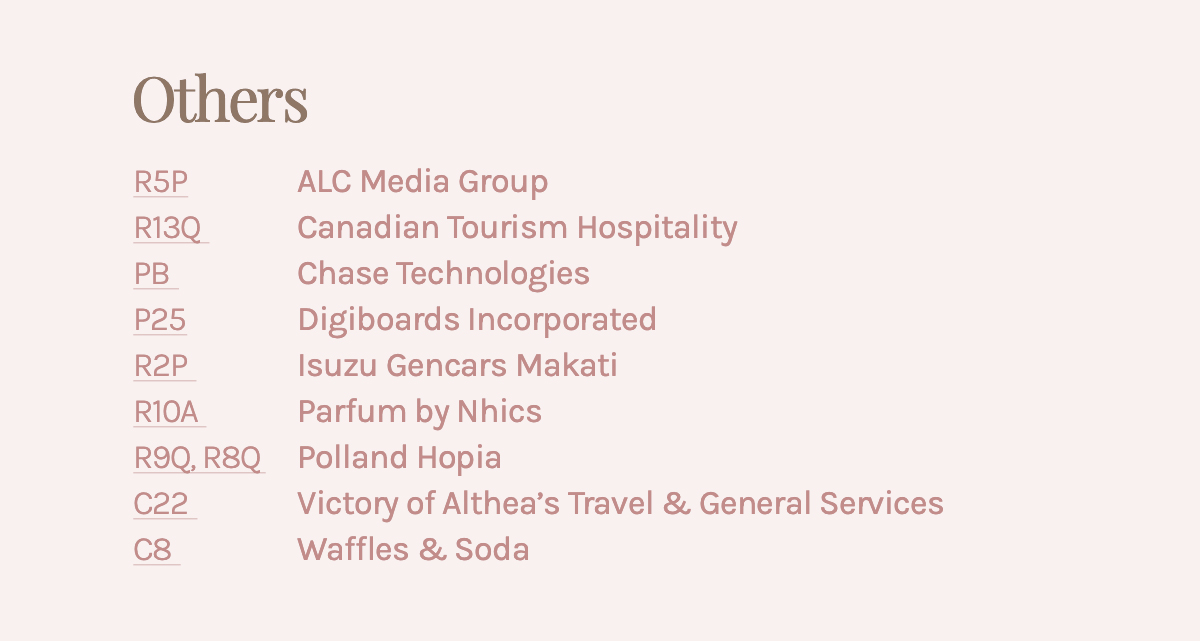 Others R5P ALC Media Group R13Q Canadian Tourism Hospitality PB Chase Technologies P25 Digiboards Incorporated R2P Isuzu Gencars Makati R10A Parfum by Nhics R9Q, R8Q Polland Hopia C22 Victory of Althea's Travel & General Services C8 Waffles & Soda